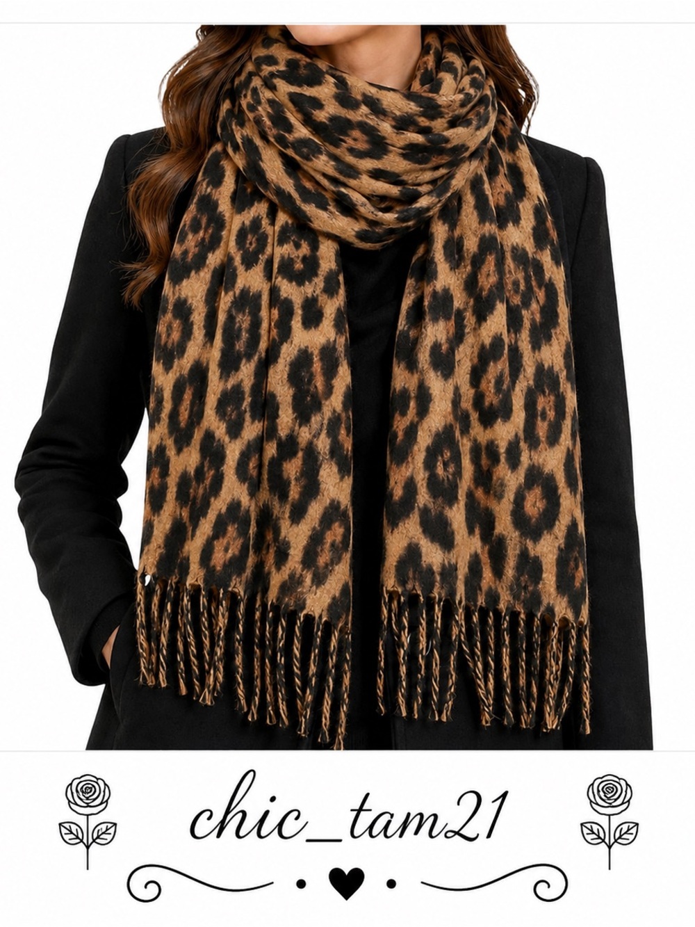 Leopard Print Fringe Scarf - Brown & Black
